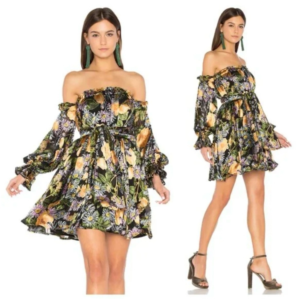For Love & Lemons Luciana Black Floral Velvet Strapless Flowy Tie Waist Dress